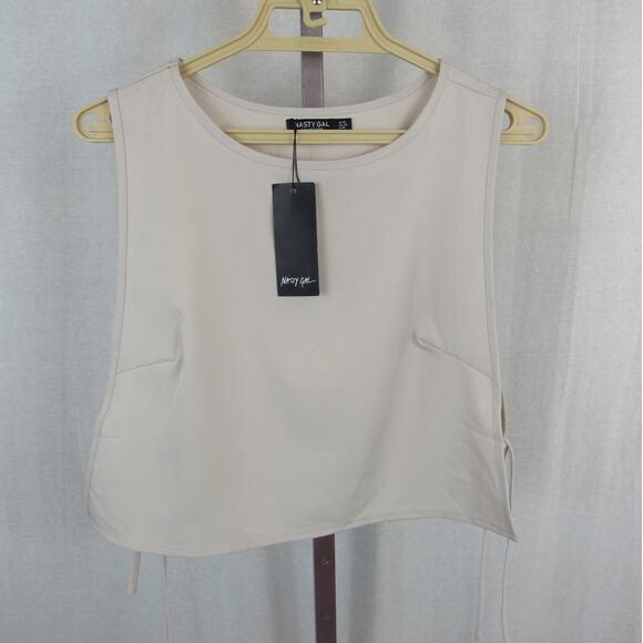 NWT Nastygal Tie Side Sleeveless Crop Top Stone US 10 White Ivory Open Sides - Picture 1 of 4